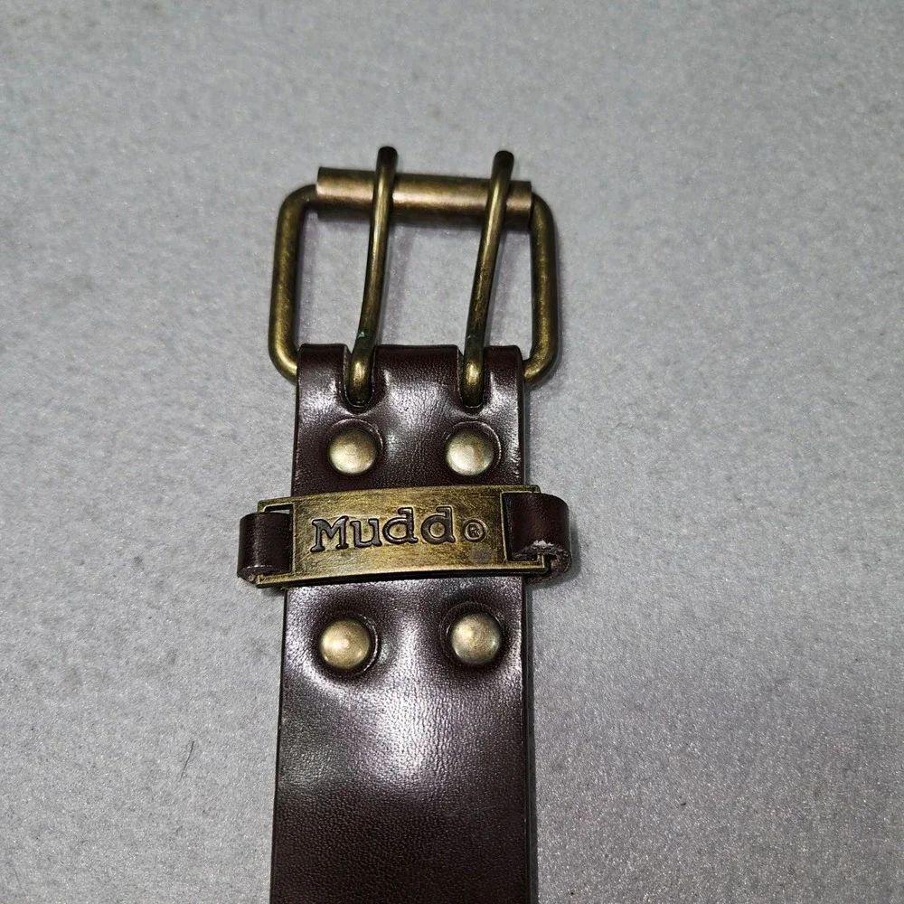 VTG Mudd Y2K Double Grommet Leather Belt Dark Brown Brass Buckle Sz M/L